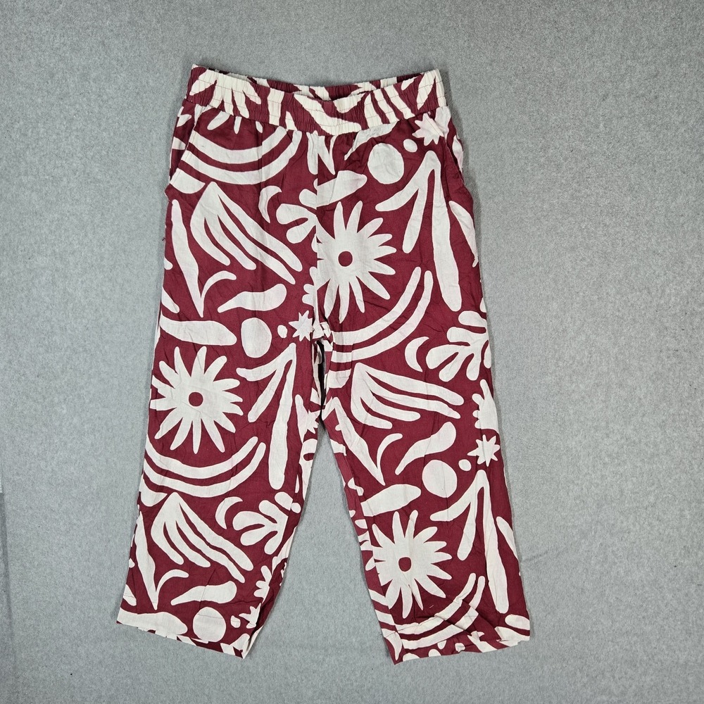 Christian Siriano Women Pants L Red Floral Linen Blend Wide Leg Crop 23" Inseam
